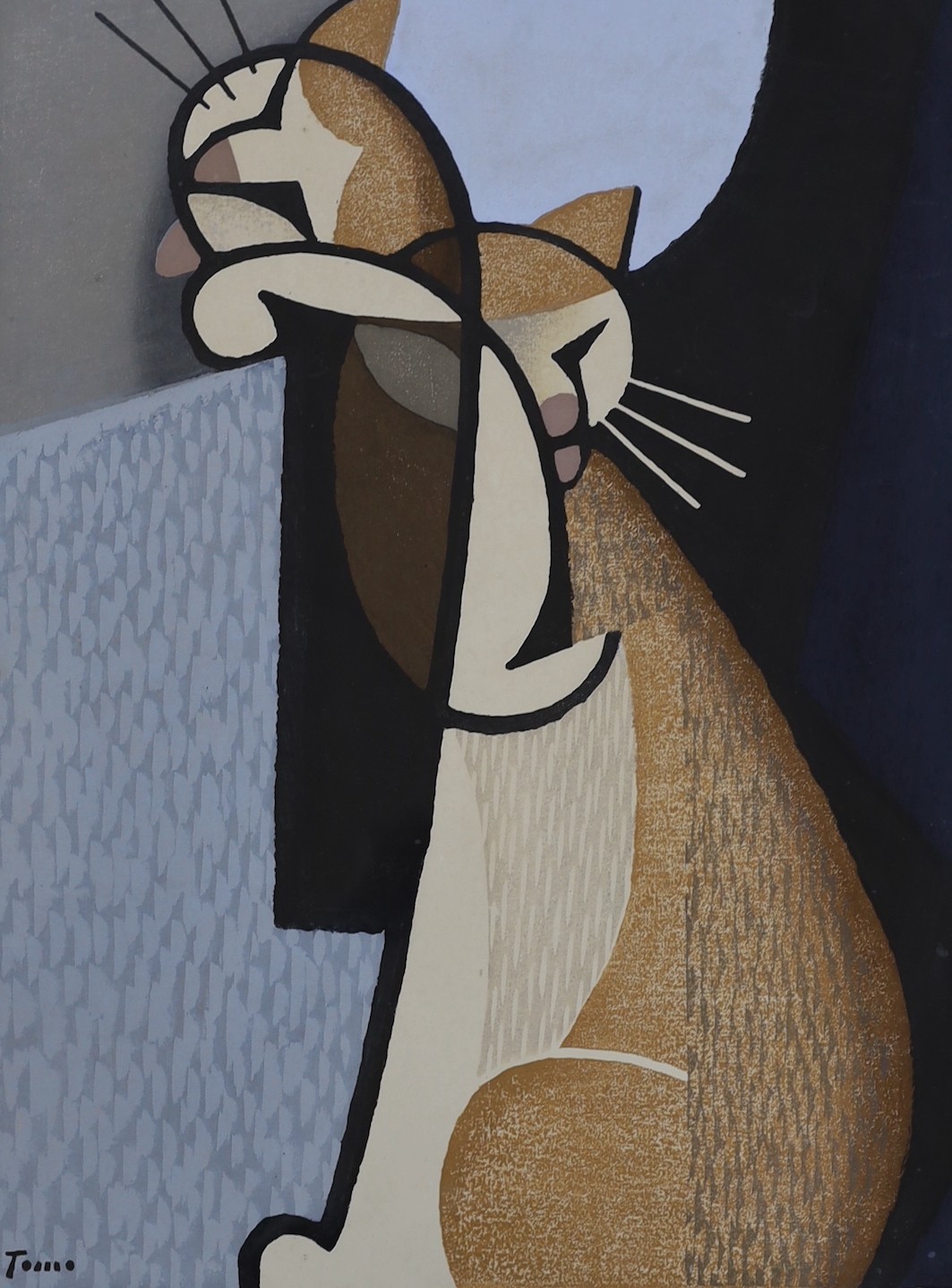 Inagaki Tomoo (1902–1980), woodblock, ‘Cat Making Up’, signed and inscribed, 62 x 45cm